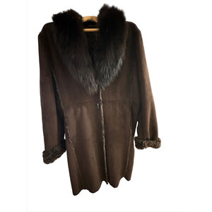 Wilson's Leather Faux Shearling Coat XL Brown Suede Jacket w/ Fox Fur Collar